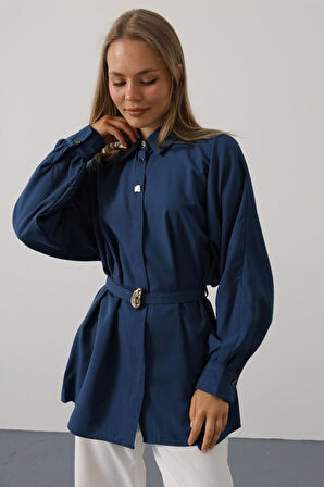 Kuşak Detaylı Tunik Gömlek - İndigo