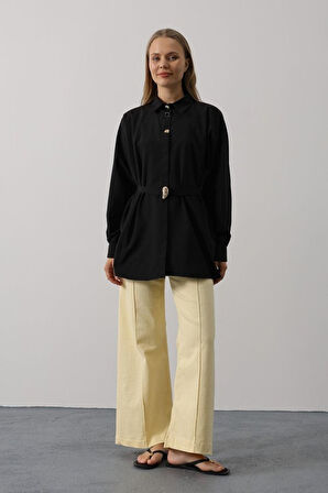 Kuşak Detaylı Tunik Gömlek - Siyah