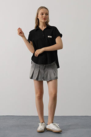 Etiket Detaylı Yarım Kol Gömlek - Siyah