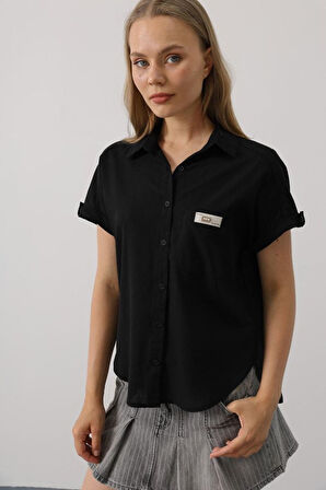 Etiket Detaylı Yarım Kol Gömlek - Siyah