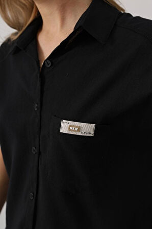 Etiket Detaylı Yarım Kol Gömlek - Siyah