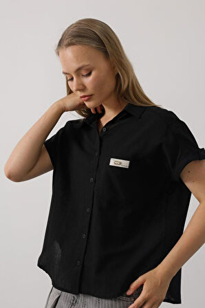 Etiket Detaylı Yarım Kol Gömlek - Siyah