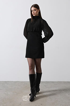 Taşlı Şifon Elbise - Siyah