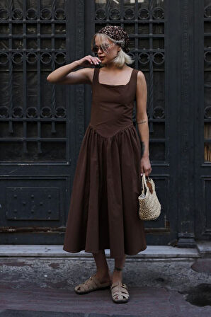 Askılı Uzun Elbise - Kahve