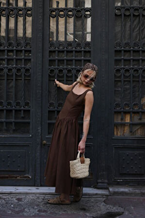 Askılı Uzun Elbise - Kahve