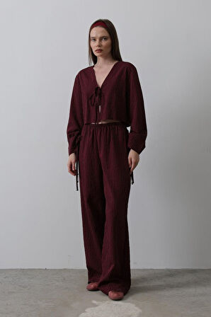 Önü Bağlamalı Crop Takım - Bordo