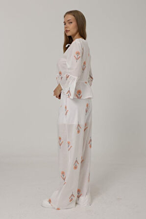 İşlemeli Oversize Pantolon - Beyaz