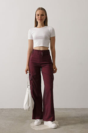 Kemerli Cargo Pantolon - Bordo
