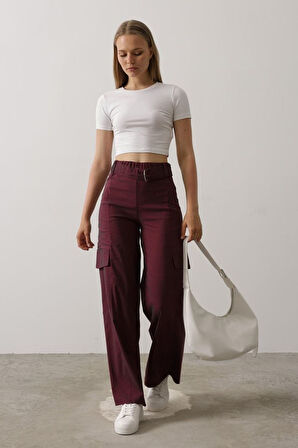 Kemerli Cargo Pantolon - Bordo