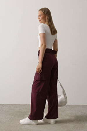 Kemerli Cargo Pantolon - Bordo