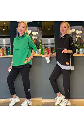 Kadın Yeşil Kapşonlu Etek Ucu Detay Arma Ters Dikiş Gorunumlu Ikili Takım