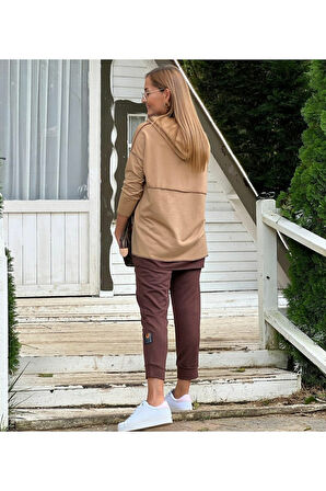 Kadın Kahve Kapşonlu Etek Ucu Detay Arma Ters Dikiş Gorunumlu Ikili Takım