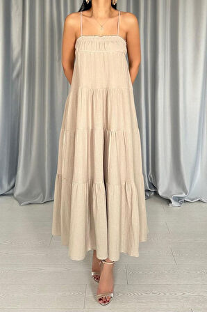 Kahverengi Askılı Parçalı Çizgili Müslin Elbise