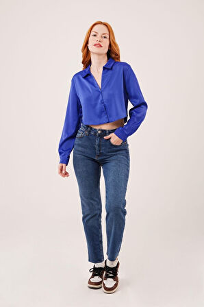 Saten Crop Model Lacivert Gömlek