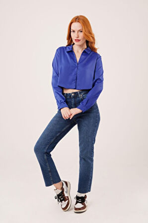 Saten Crop Model Lacivert Gömlek