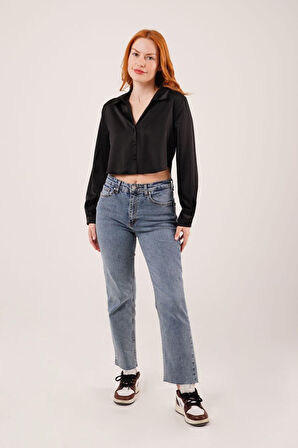 Saten Crop Model Siyah Gömlek