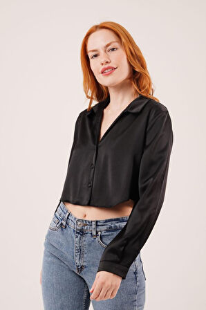 Saten Crop Model Siyah Gömlek