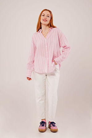 Kol Düğmeli Çizgili Pembe Gömlek