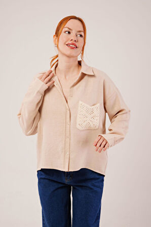 Etnik Cep Detaylı Bej Gömlek