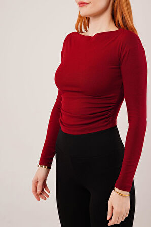 Yaka Detay Uzun Kollu Basic Bordo Bluz