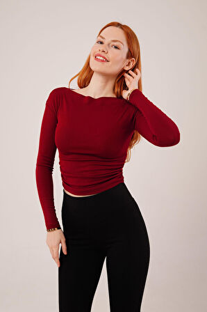 Yaka Detay Uzun Kollu Basic Bordo Bluz