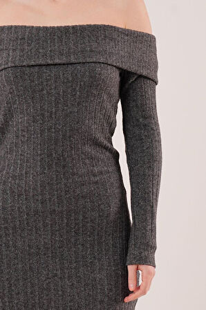 Madonna Yaka Fitilli Antrasit Triko Elbise