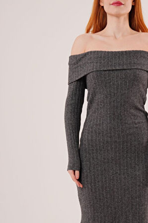 Madonna Yaka Fitilli Antrasit Triko Elbise