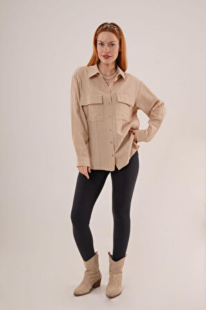 Kendinden Çizgili Cepli Ve Düğmeli Bej Gömlek