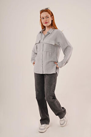 Kendinden Çizgili Cepli Ve Düğmeli Gri Gömlek