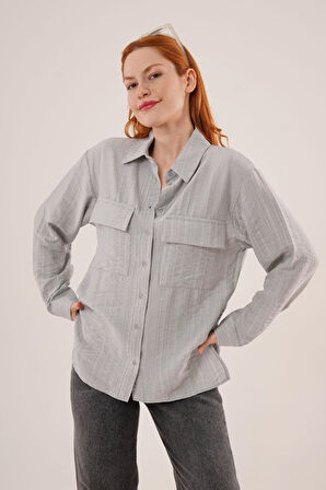 Kendinden Çizgili Cepli Ve Düğmeli Gri Gömlek