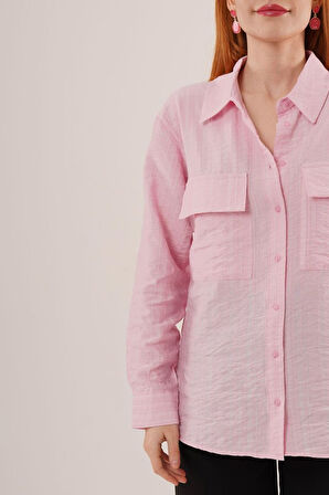Kendinden Çizgili Cepli Ve Düğmeli Pembe  Gömlek