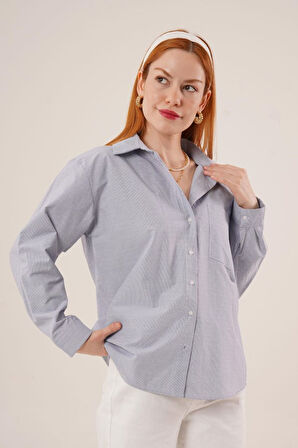 Çizgili Tek Cepli Klasik Kesim Düğmeli Mavi Gömlek