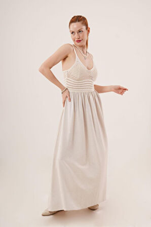 Ajurlu Askılı Belden Oturtmalı Maxi Krem Elbise