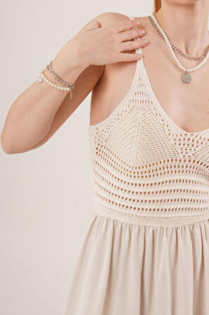 Ajurlu Askılı Belden Oturtmalı Maxi Krem Elbise