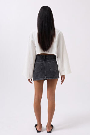 Asimetrik Bel Denim Mini Etek