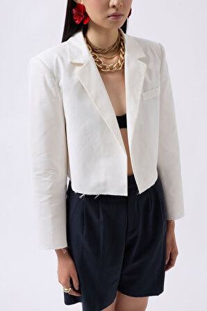 Crop Keten Blazer Ceket