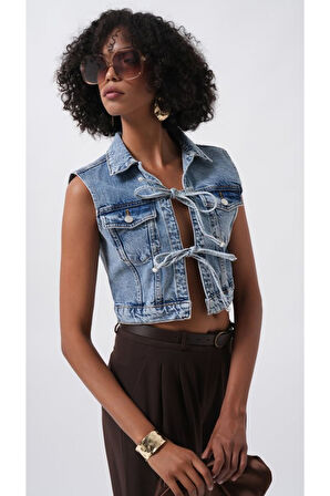 Bağlama Detay Denim Yelek