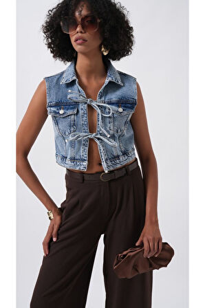 Bağlama Detay Denim Yelek