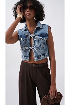 Bağlama Detay Denim Yelek