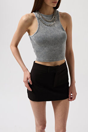 Yıkamalı Halter Yaka Crop Bluz
