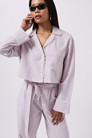 Çizgili Cep Detay Crop Gömlek