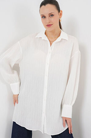 Çizgili Uzun Gömlek Tunik 5963 - Beyaz