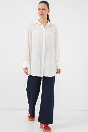 Çizgili Uzun Gömlek Tunik 5963 - Beyaz