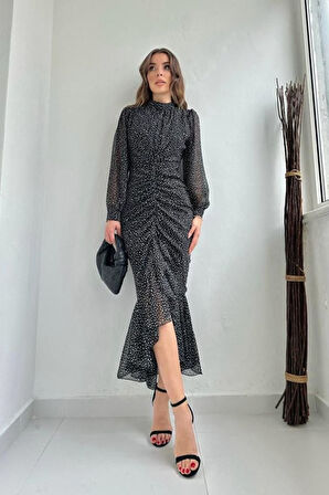 Siyah Balık Şifon Elbise