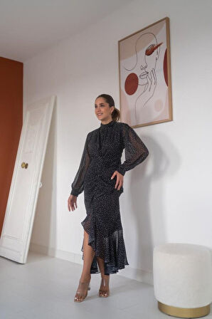 Siyah Balık Şifon Elbise