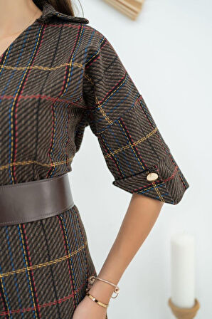 Kahverengi Kemerli Çizgili Mini Elbise