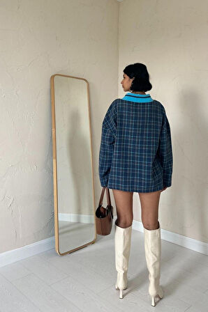 Mavi Ön Ribana Ekose Ceket