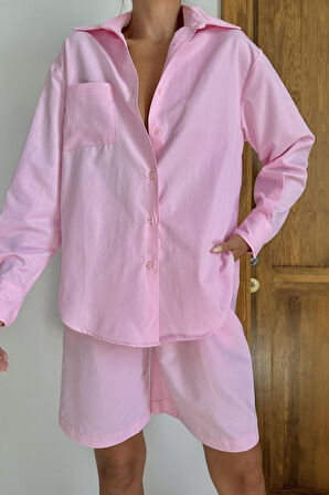 Pembe Önü Cepli Gömlek Ve Şort Takım