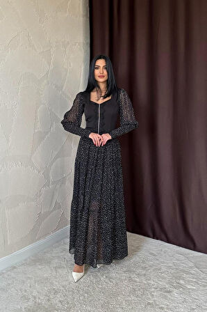 Siyah Dantelli Taşlı Şeritli Elbise