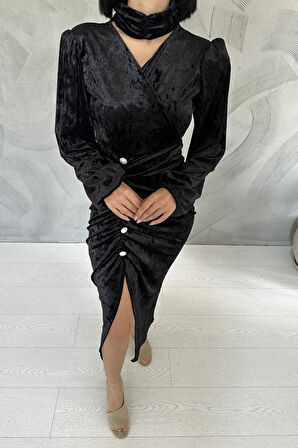 Siyah Taşlı Büzgülü Elbise